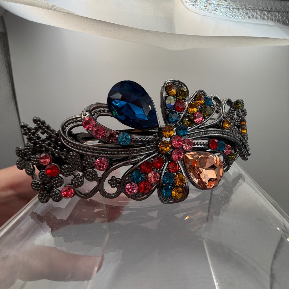 Multicolor Rhinestone Floral Barrette Large Jeweled Hair Clip Gunmetal 4" - Picture 9 of 9